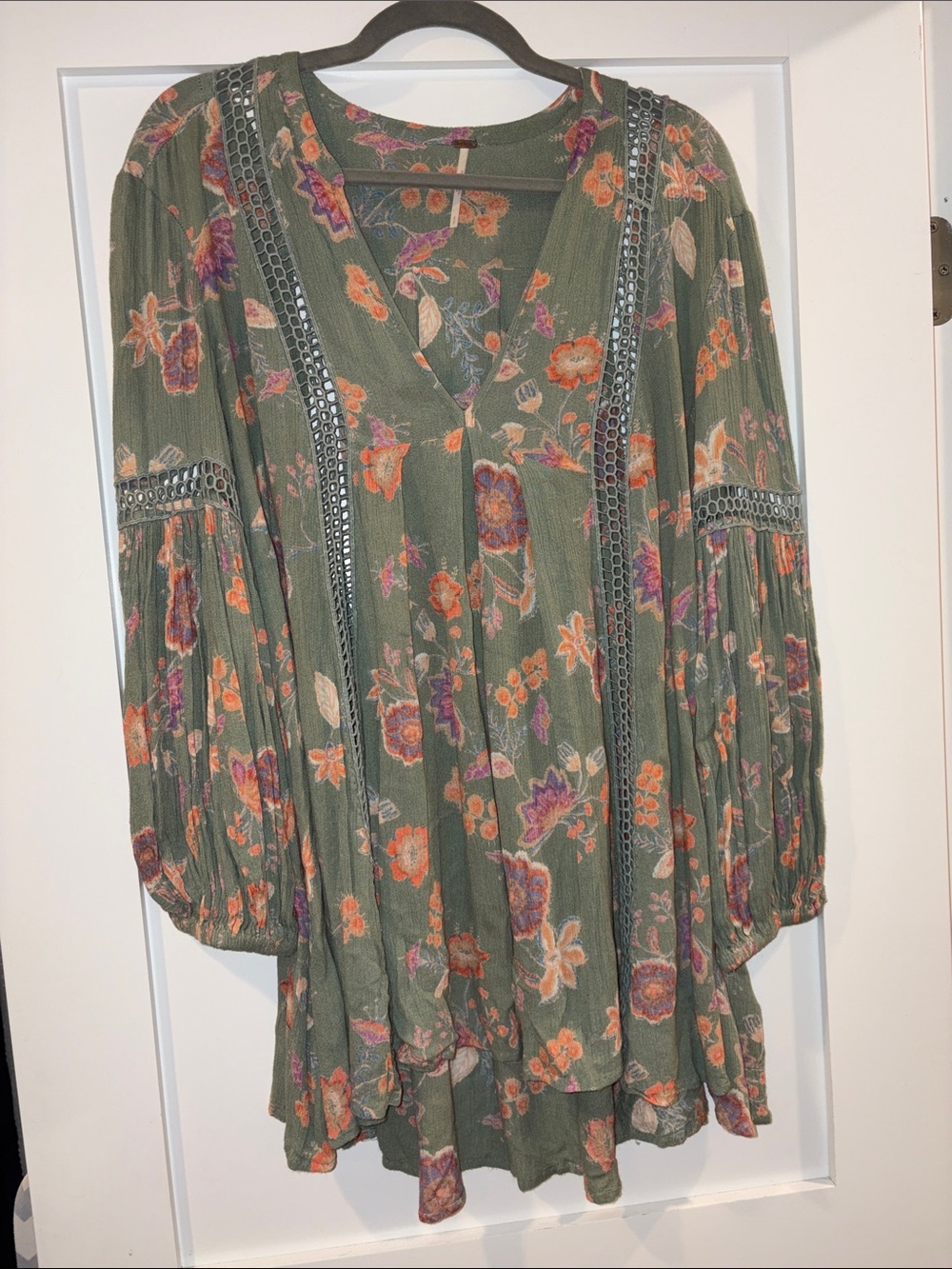 Free People Olive Green Floral V-Neck Peasant Blouse